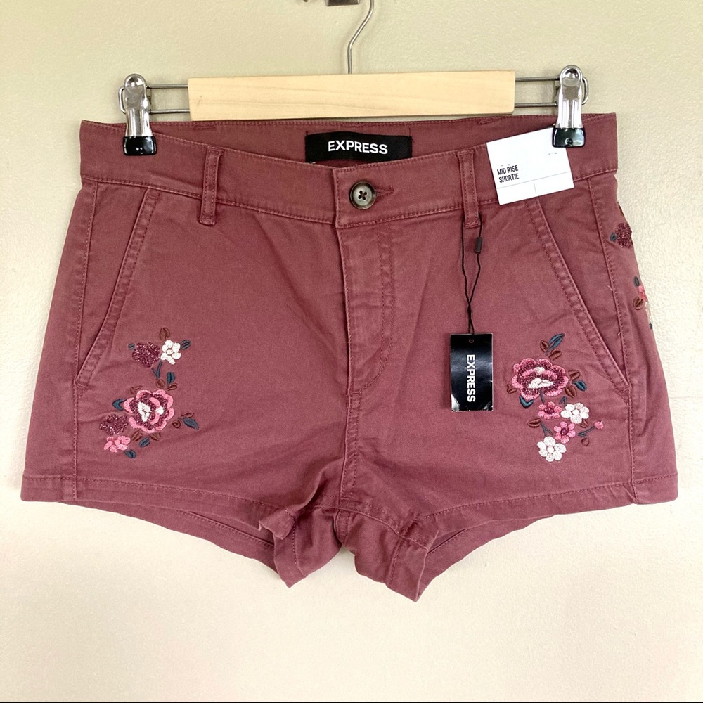 Express mid rise embroidered twill shorts